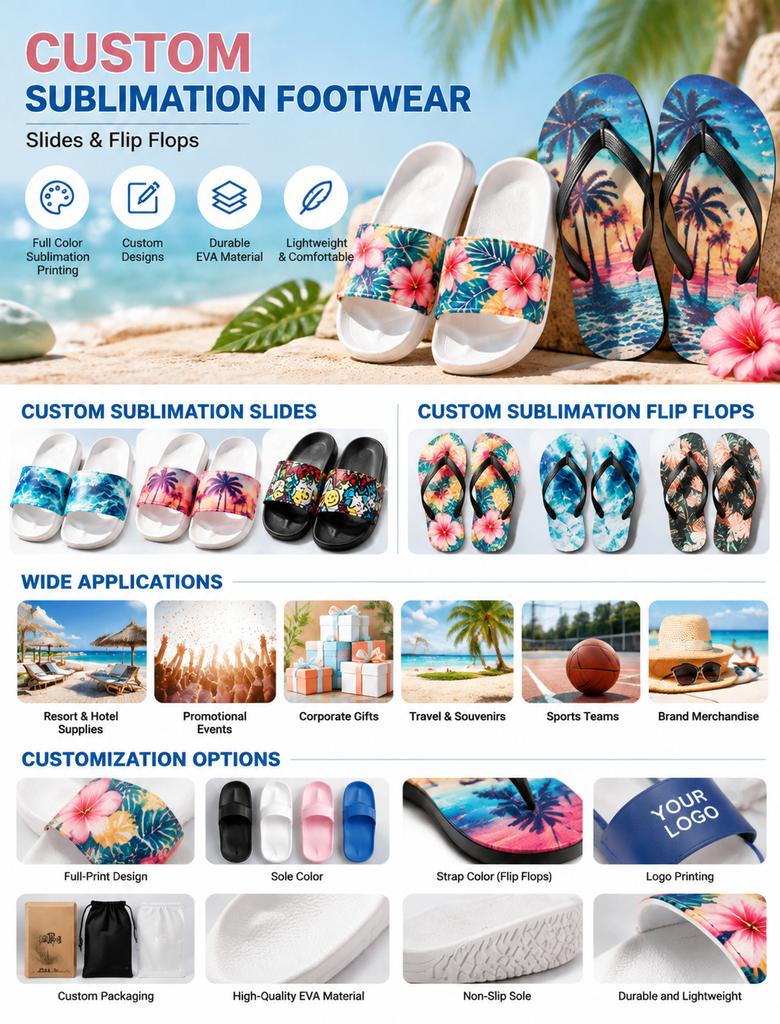 Custom sublimation footwear including personalized slides and flip flops with full-color printing
