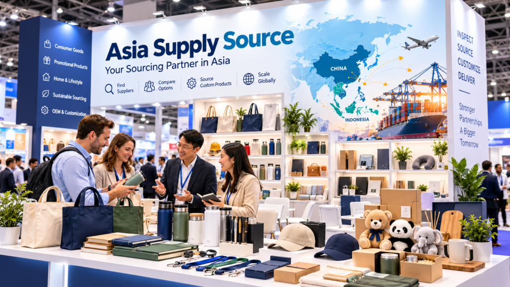 Asia sourcing trade exhibition showcasing promotional products, drinkware, tote bags and international buyer meetings