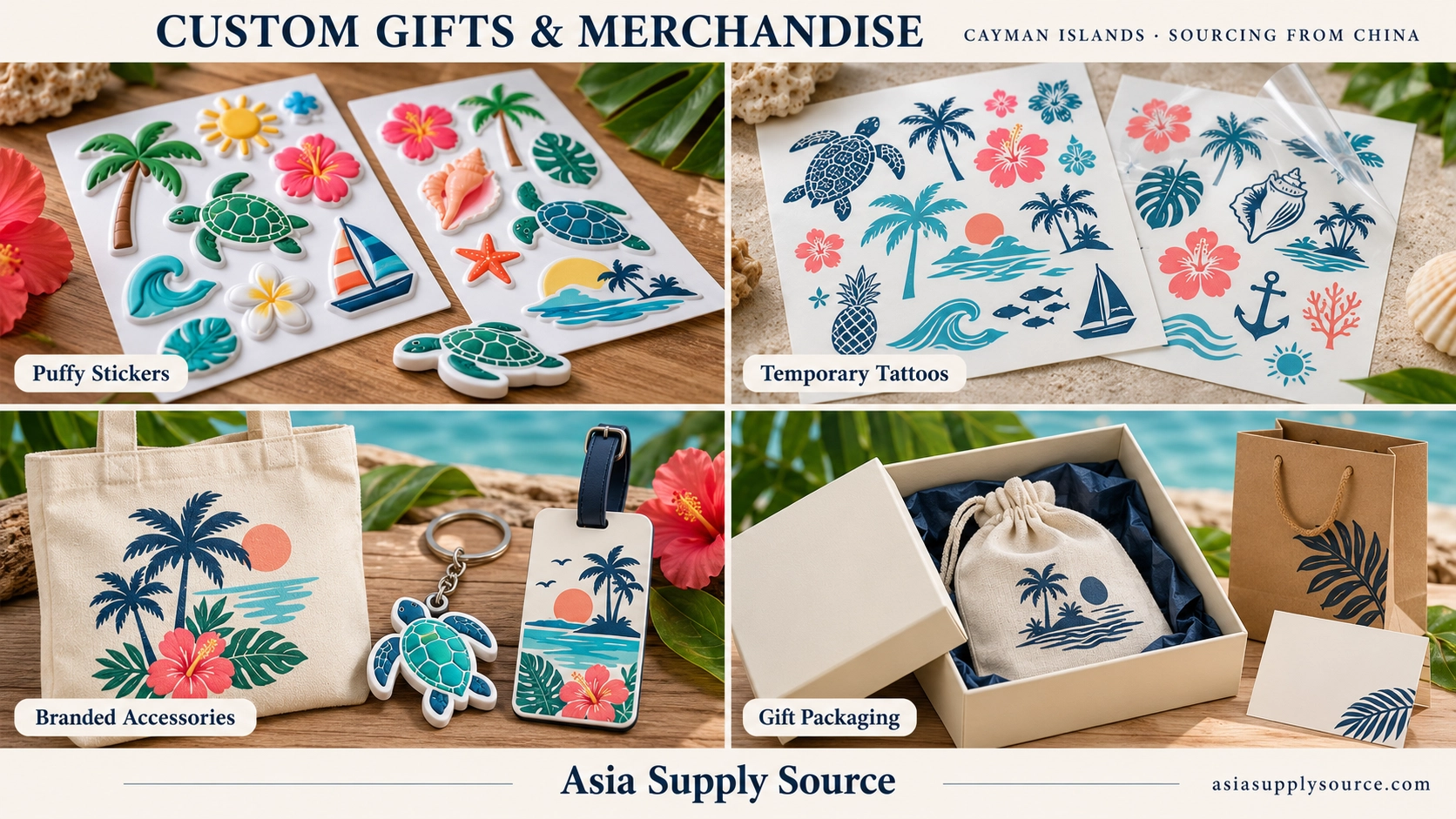 Illustrative custom gifts for Cayman Islands retail and events, including puffy stickers, temporary tattoos, tote bags, a keychain, bag tag and gift packaging.