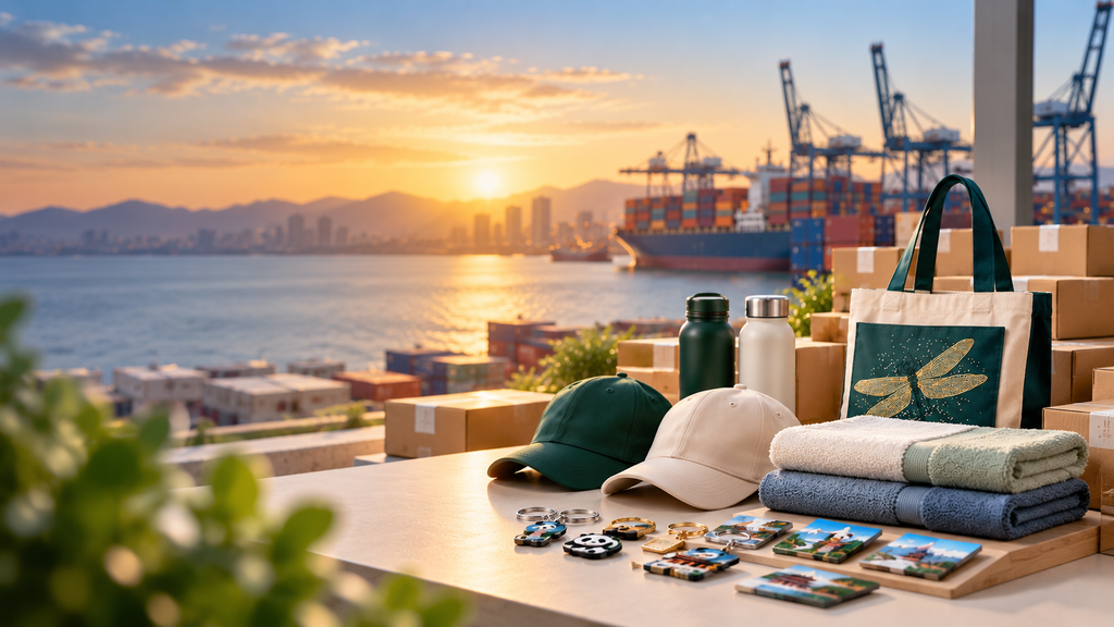 Custom product sourcing from China featuring branded caps, tote bags, towels, drinkware and promotional merchandise
