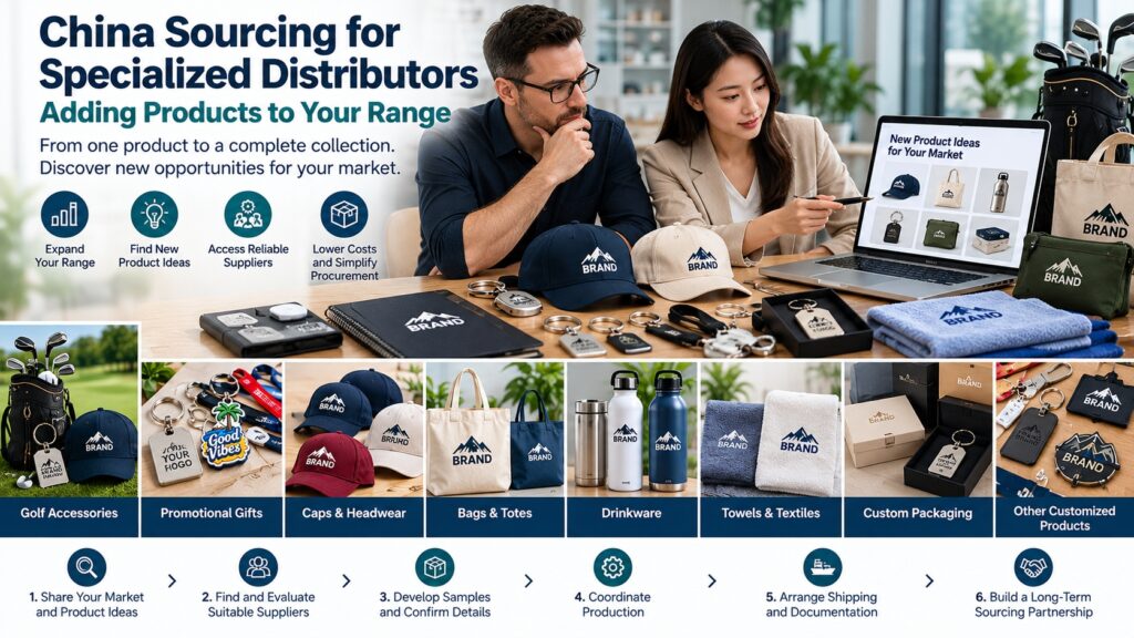 China sourcing for distributors infographic showing golf accessories, branded keychains, caps, towels, bags, drinkware and coordinated product range expansion