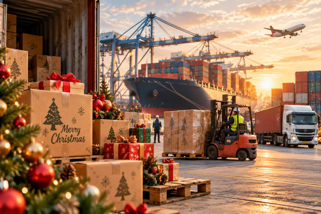Christmas merchandise cartons and shipping containers prepared for seasonal sourcing from China