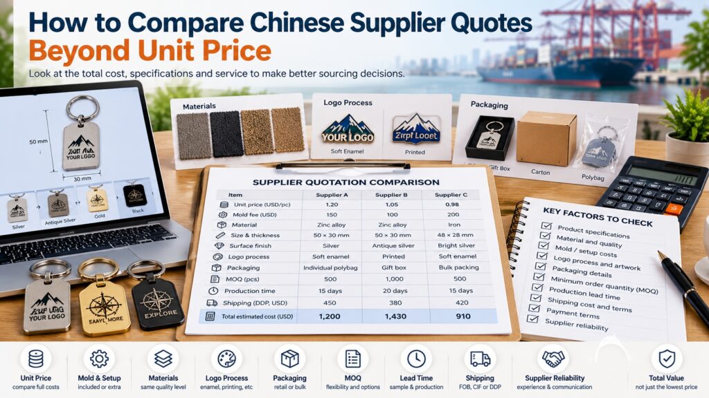 Compare Chinese supplier quotes infographic showing unit prices, tooling fees, materials, logo methods, packaging, MOQ, production lead times and shipping