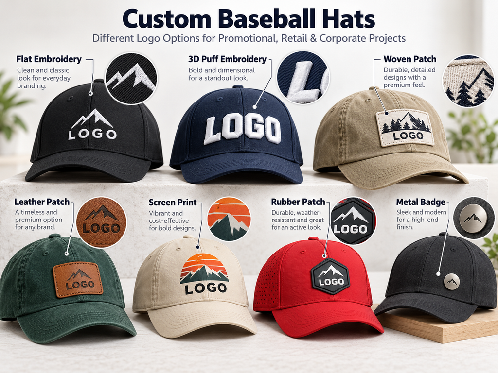 Custom baseball caps featuring flat embroidery, 3D puff embroidery, woven patches, leather patches, screen printing, rubber patches and metal badges