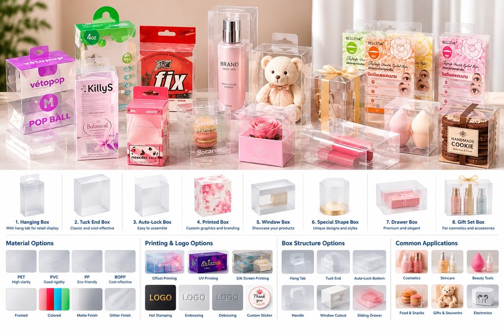 Custom clear plastic gift boxes including transparent PET folding boxes, printed PVC packaging, hanging tab boxes, tuck-end boxes and clear gift packaging