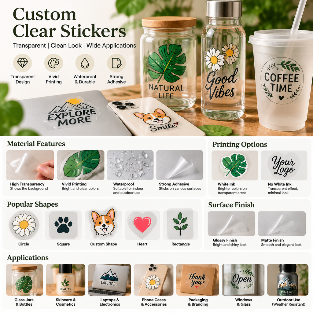 Custom clear stickers for glass jars, cosmetic bottles, laptops, phone cases and packaging, with glossy and matte finishes and optional white ink printing