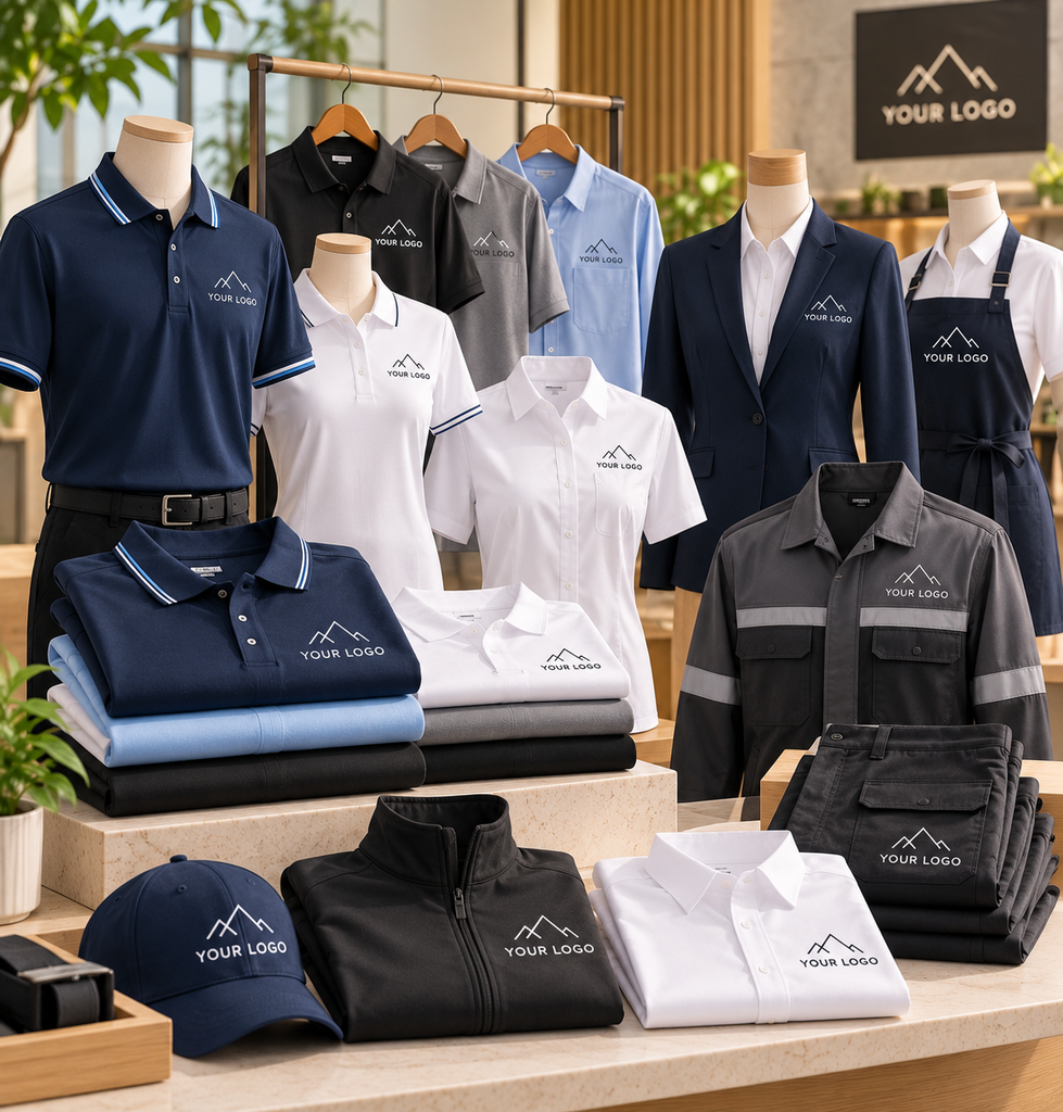 Custom corporate uniforms including branded polo shirts, office shirts, workwear jackets, aprons and staff uniforms