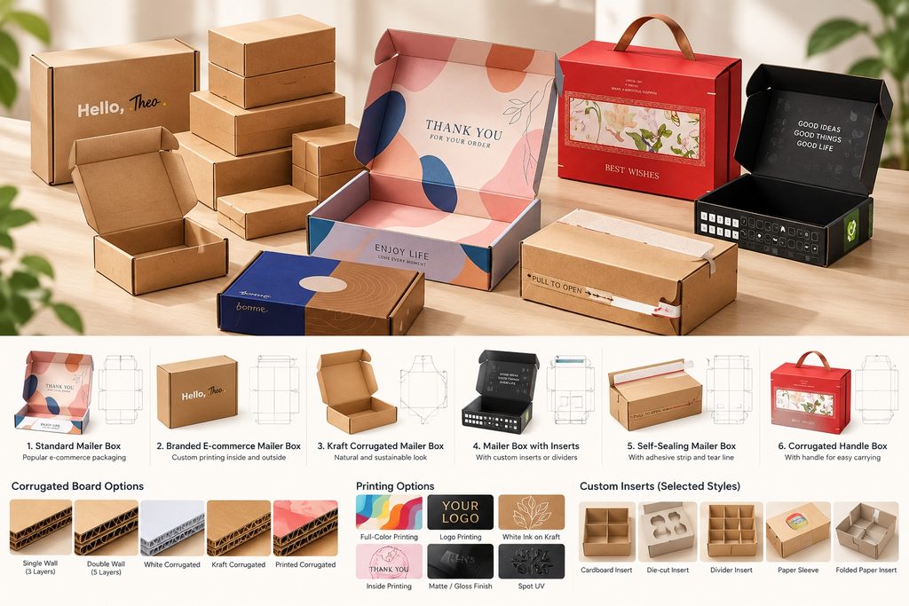 Custom corrugated mailer boxes including printed ecommerce boxes, kraft mailers, self-sealing boxes, inserts and handle boxes