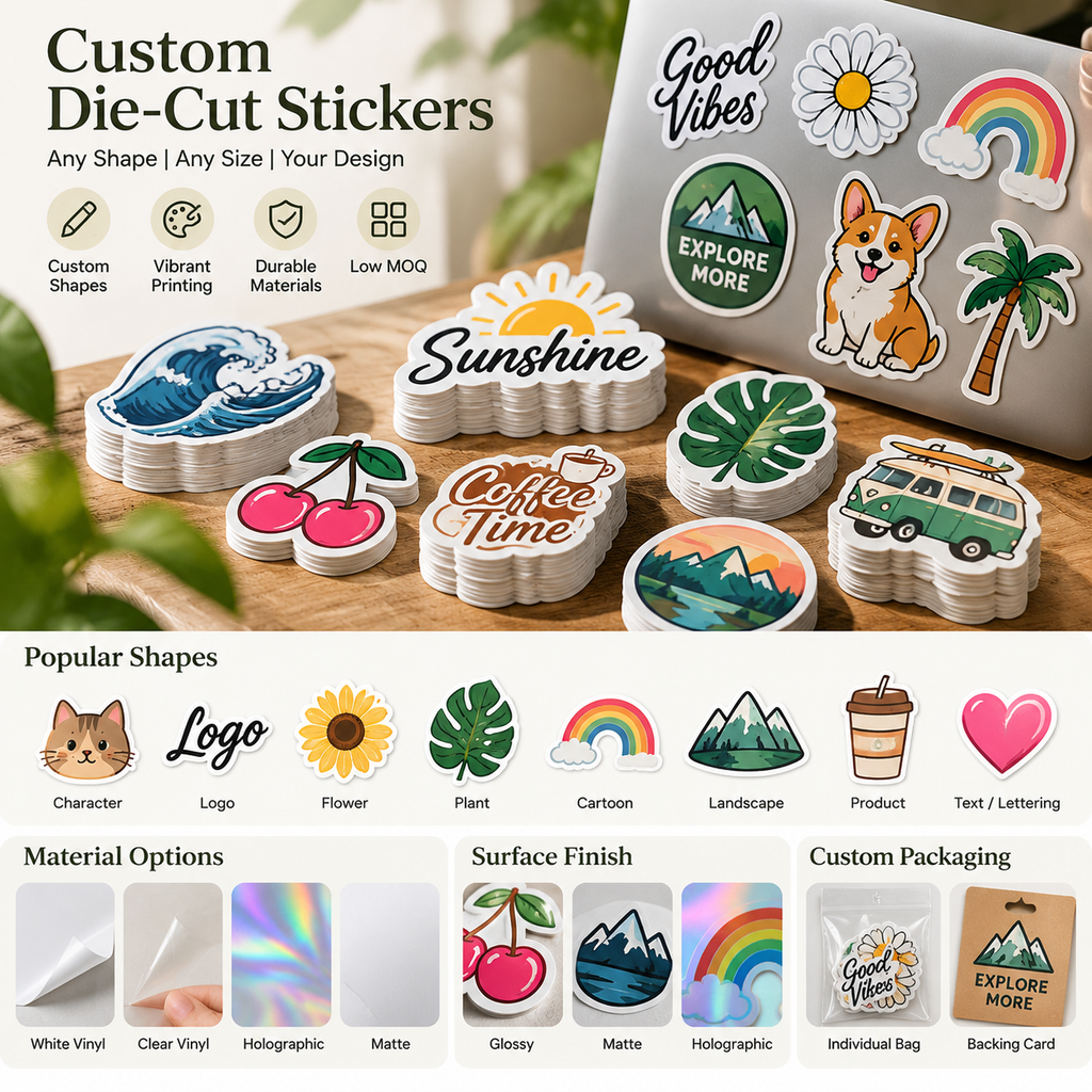Custom die cut stickers in various shapes and designs with vinyl materials, glossy and matte finishes, and custom packaging options