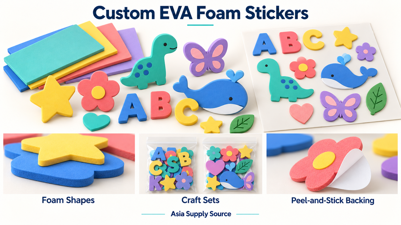 Custom EVA foam sticker concepts showing matte colored foam shapes, letters, decorative craft assortments, cut edges and peel-away backing paper.