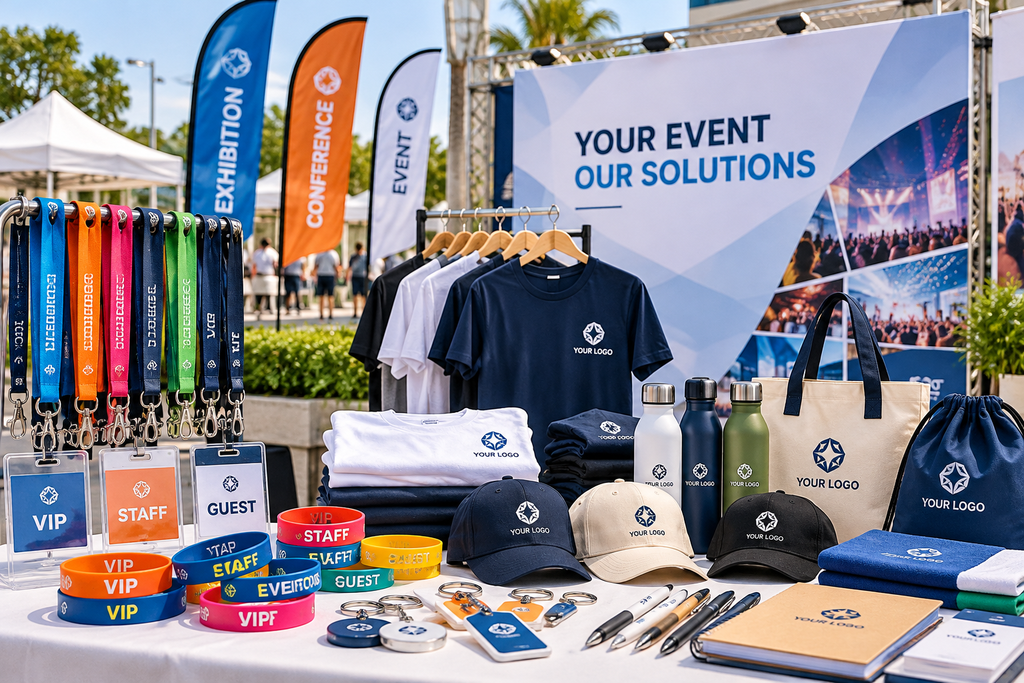 Custom event products including wristbands, lanyards, event T-shirts, banners and promotional merchandise