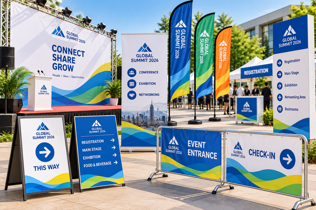 Custom event signage including roll-up banners, feather flags, stage backdrops, directional signs and printed barrier banners