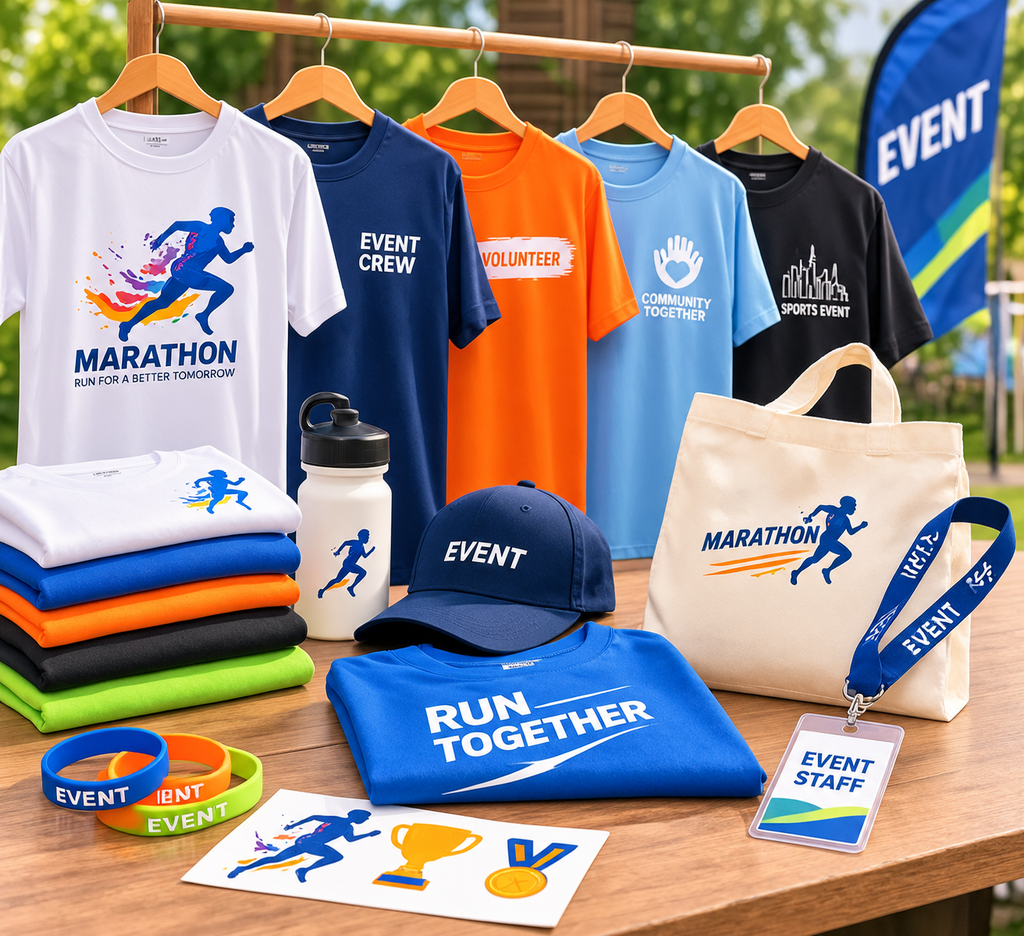 Custom event T-shirts for marathons, volunteers, event staff and community activities with printed designs and matching promotional products