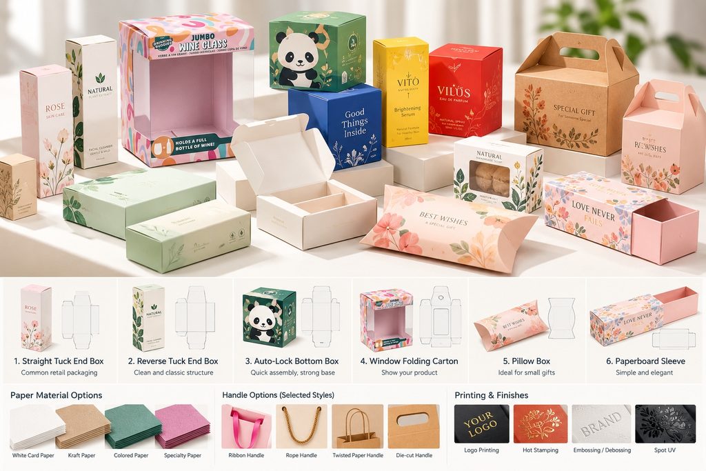 Custom folding carton boxes with tuck ends, auto-lock bottoms, display windows, pillow boxes and paperboard sleeves