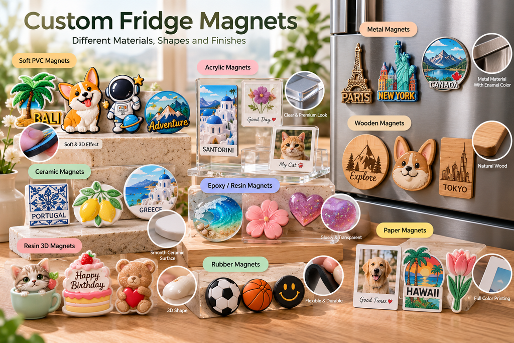 Custom fridge magnets in soft PVC, acrylic, metal, wood, ceramic, epoxy resin, rubber and printed paper designs