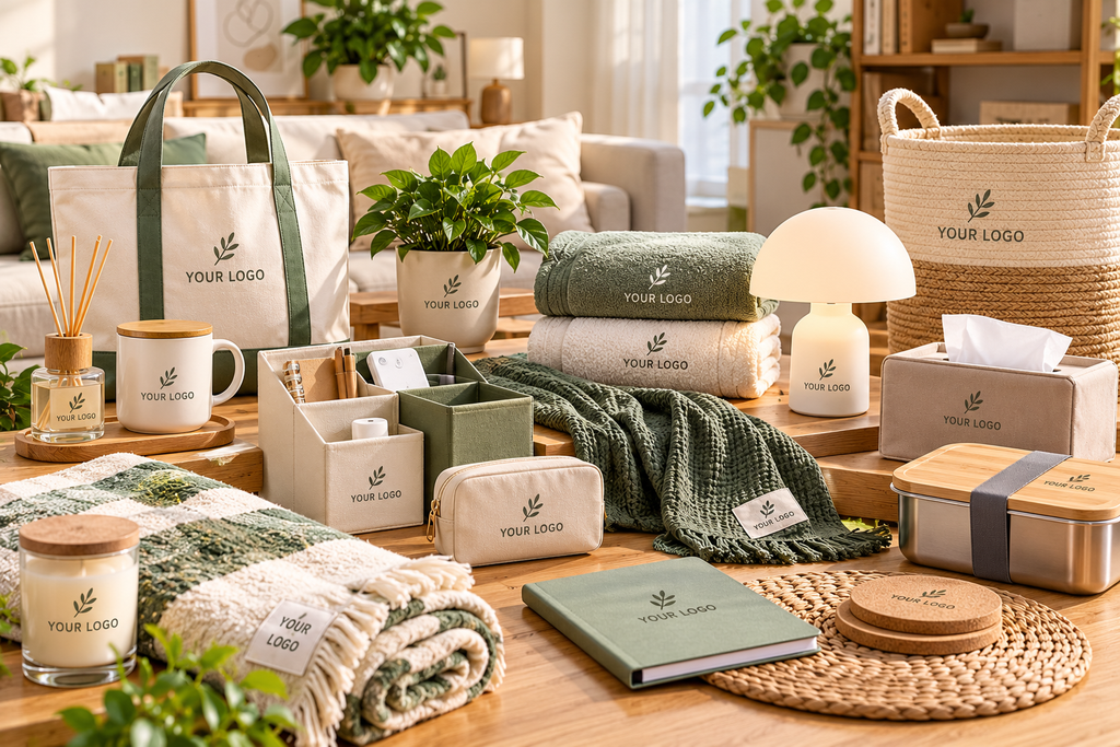 Custom home and lifestyle accessories including storage baskets, fabric organizers, blankets, tissue boxes, coasters and branded household gifts