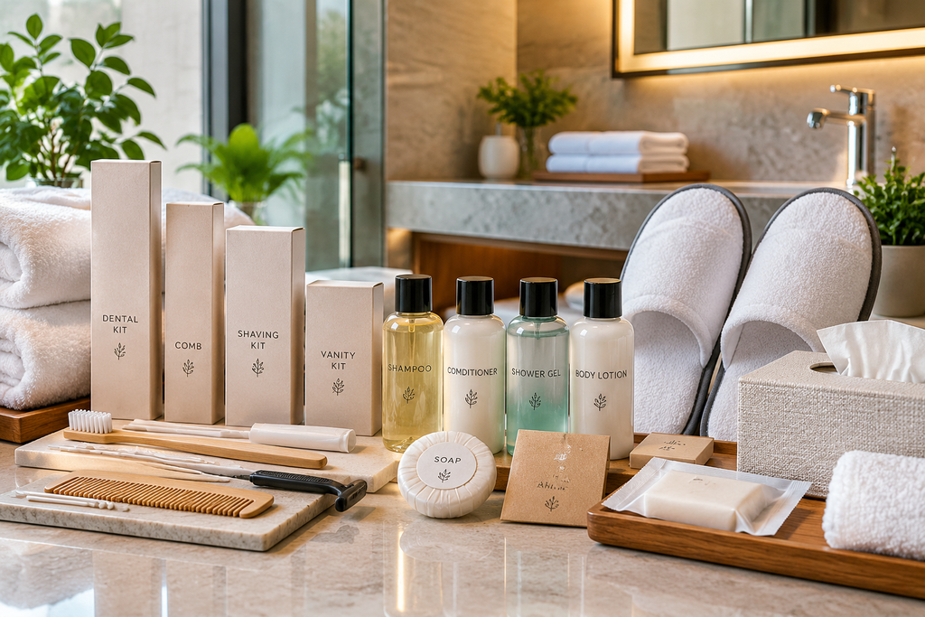 Custom hotel amenities including toothbrush kits, slippers, toiletries and guest room supplies