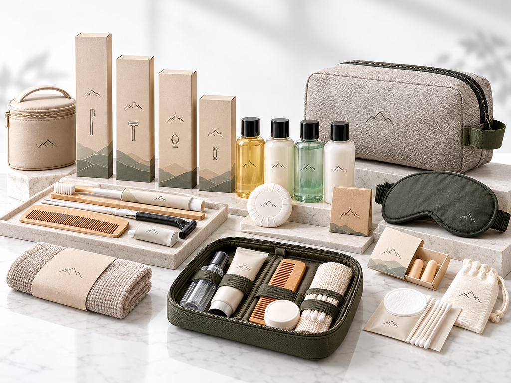 Custom hotel toiletry kits with travel bags, toothbrush sets, grooming accessories and branded packaging