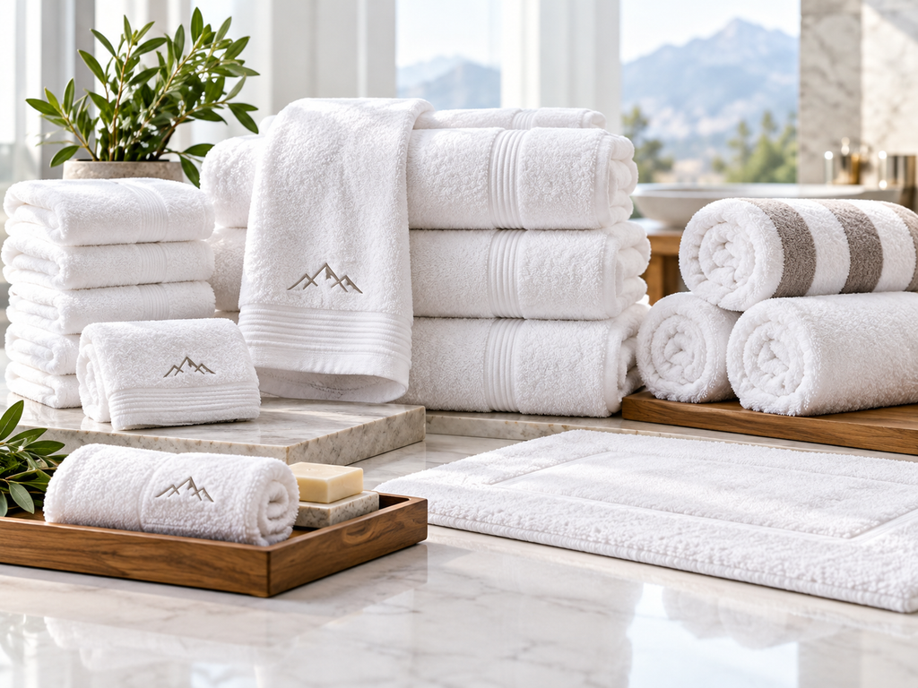 Custom hotel towels including folded white bath towels, hand towels, washcloths and bath mats