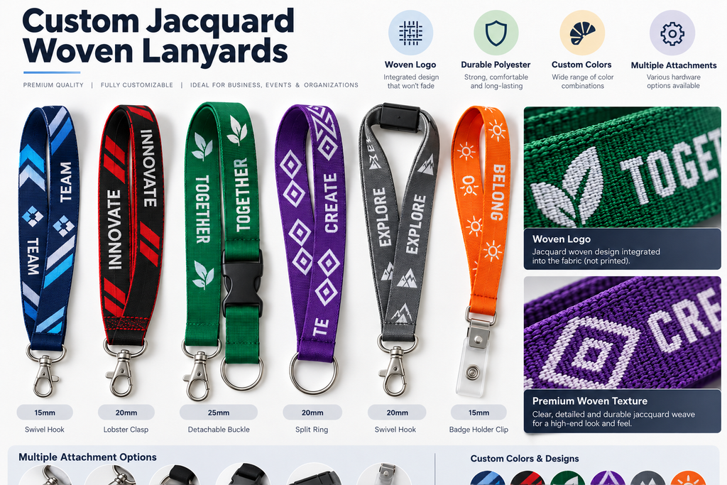 Custom jacquard woven lanyards with woven logos, colored patterns and different metal attachments