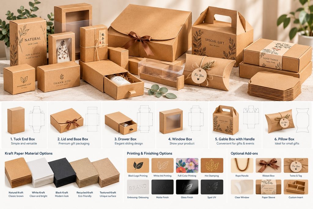 Custom kraft paper boxes including tuck end boxes, lid and base gift boxes, drawer boxes, window boxes, gable boxes and pillow boxes