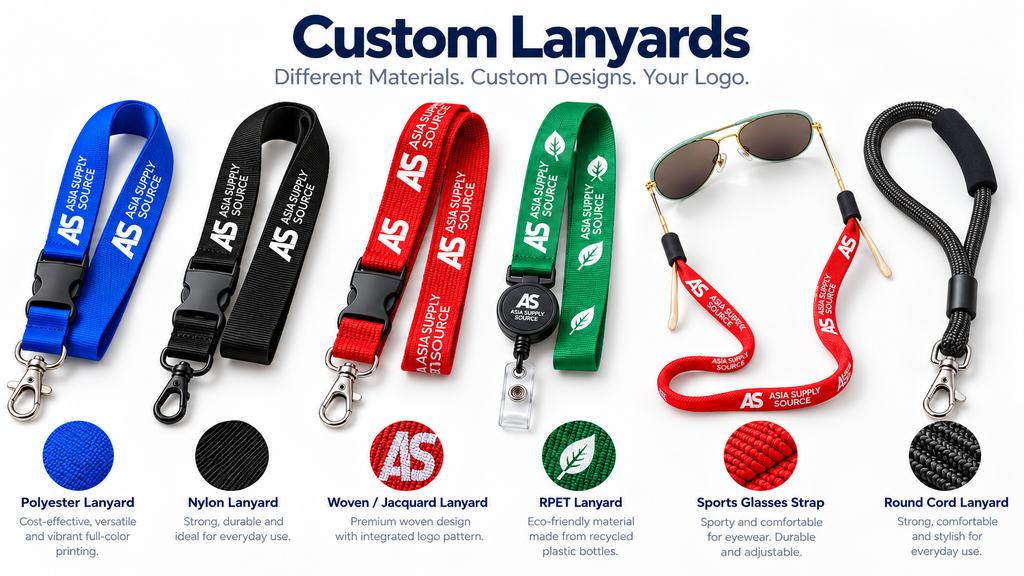 Custom lanyards in polyester, nylon, woven, RPET, sports glasses strap and round cord styles