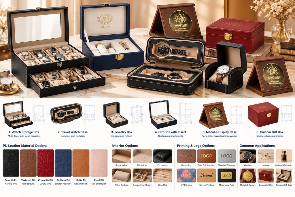 Custom leatherette presentation cases including watch storage boxes, travel watch cases, jewelry boxes, fitted gift cases and medal display stands