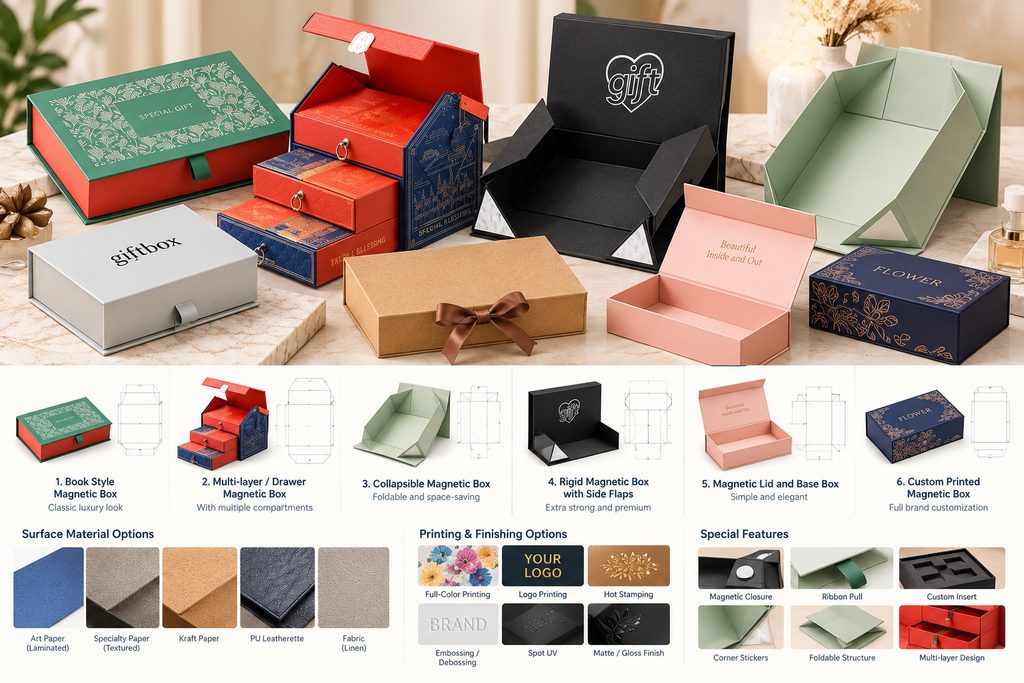 Custom magnetic gift boxes featuring book-style closures, rigid boxes, collapsible structures, multi-layer drawers and luxury printing finishes