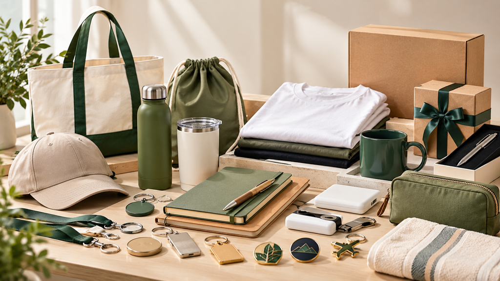 Custom merchandise including branded apparel, bags, drinkware, keychains and promotional gifts