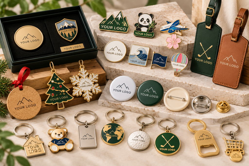 Custom metal enamel pins, badges, zinc alloy golf bag tags, Christmas ornaments and promotional metal accessories