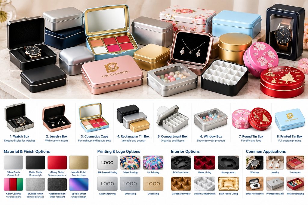 Custom metal presentation cases for watches, jewelry and cosmetics featuring window lids, compartment inserts, foam lining and branded metal finishes
