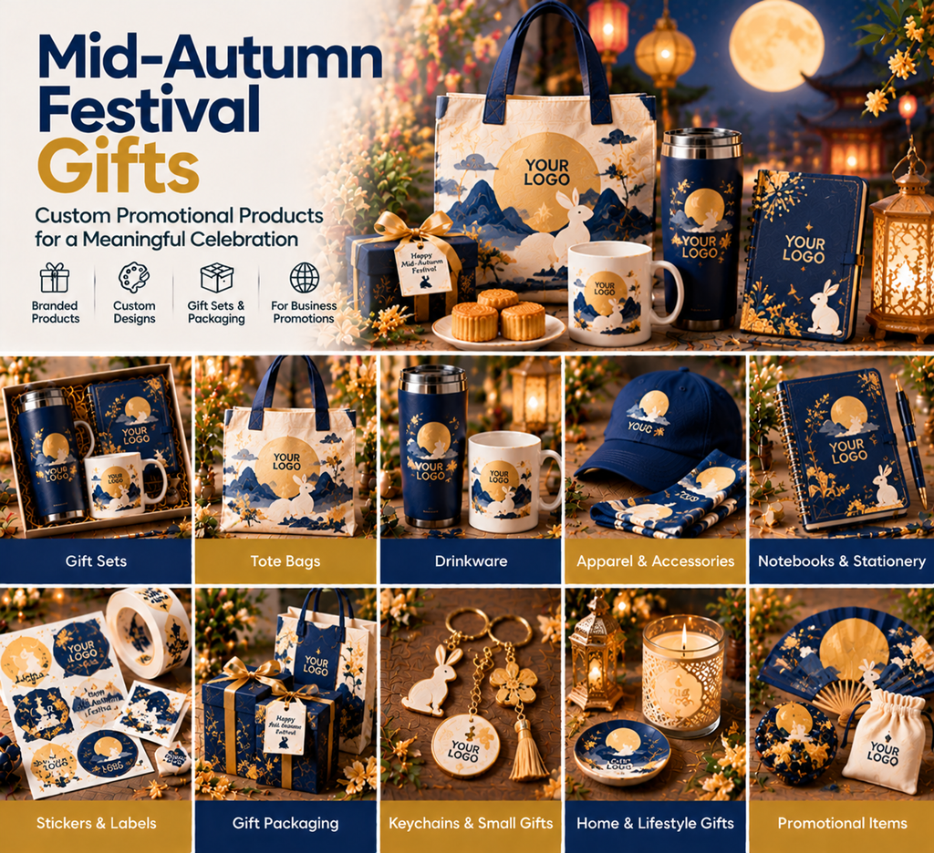 Custom Mid-Autumn Festival gifts including mooncake gift boxes, branded drinkware, tote bags, notebooks, lanterns, keychains and festive packaging