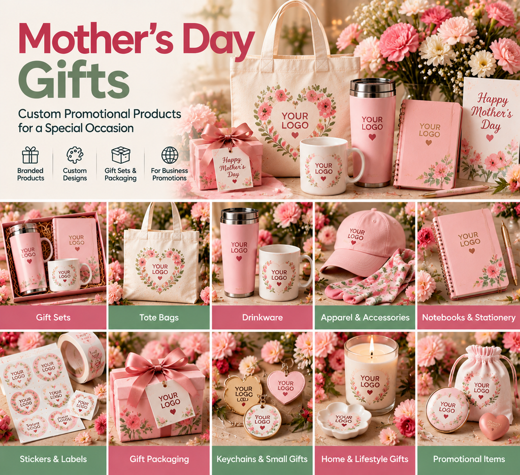 Custom Mother's Day gifts including floral tote bags, drinkware, gift sets, notebooks, stickers and personalized packaging