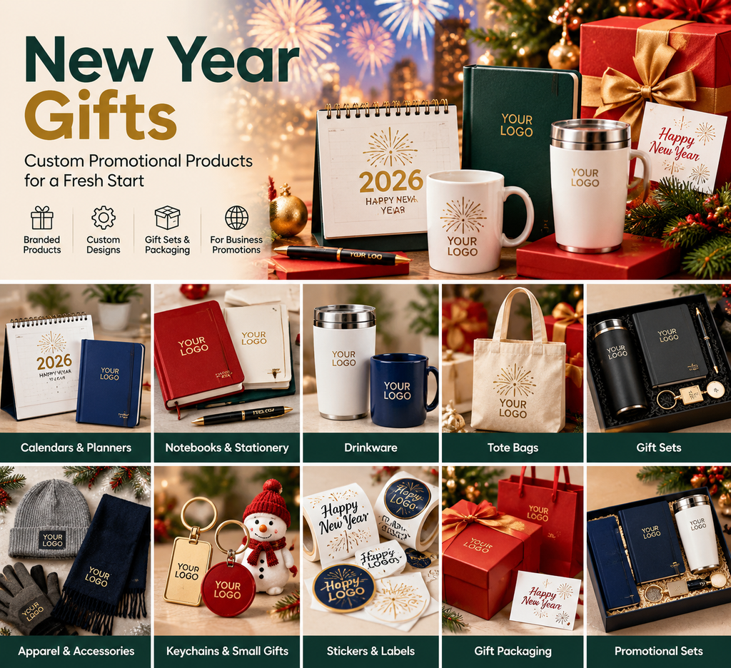 Custom New Year gifts including calendars, notebooks, drinkware, tote bags, gift sets and promotional products