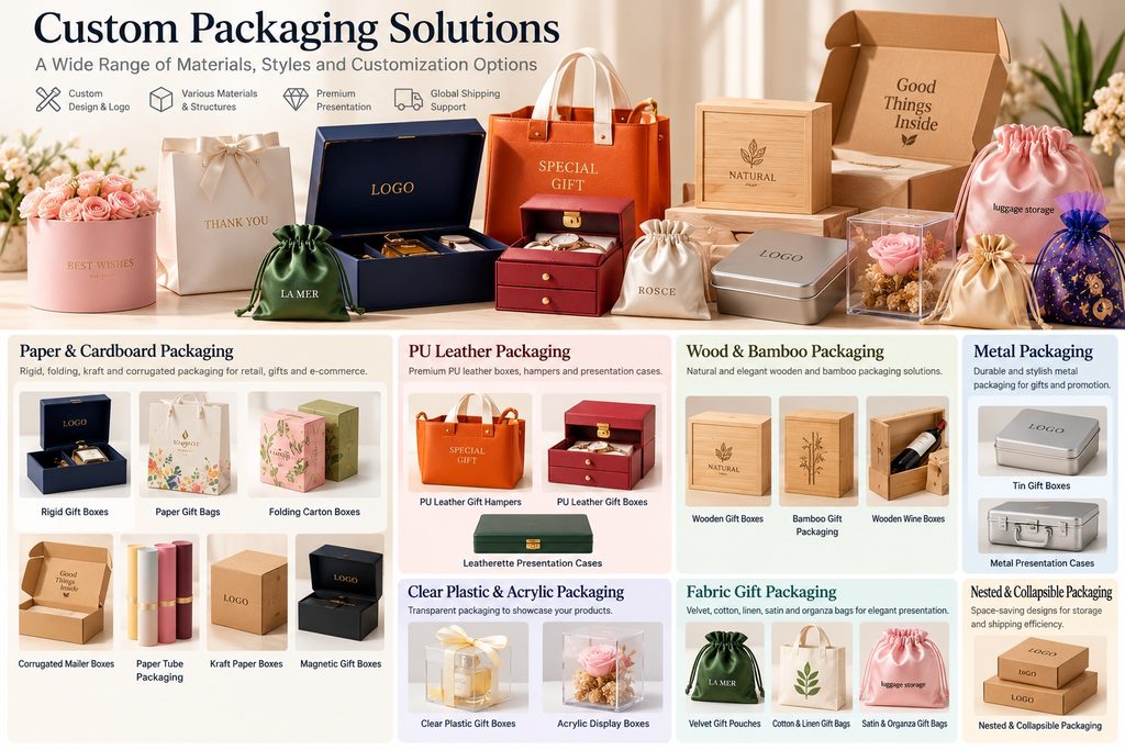 Custom packaging solutions from China including rigid gift boxes, paper bags, PU leather hampers, wooden boxes, metal cases, acrylic displays and fabric gift pouches