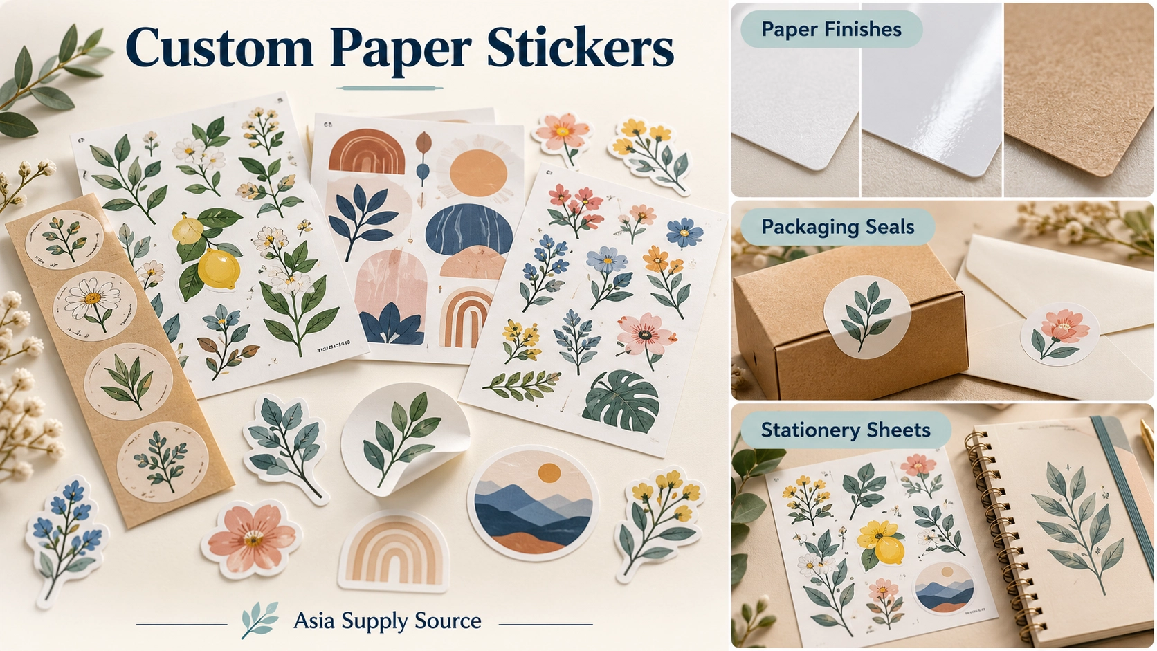 Custom paper sticker concepts showing botanical sheets, matte and glossy paper finishes, kraft paper, packaging seals and stationery applications.