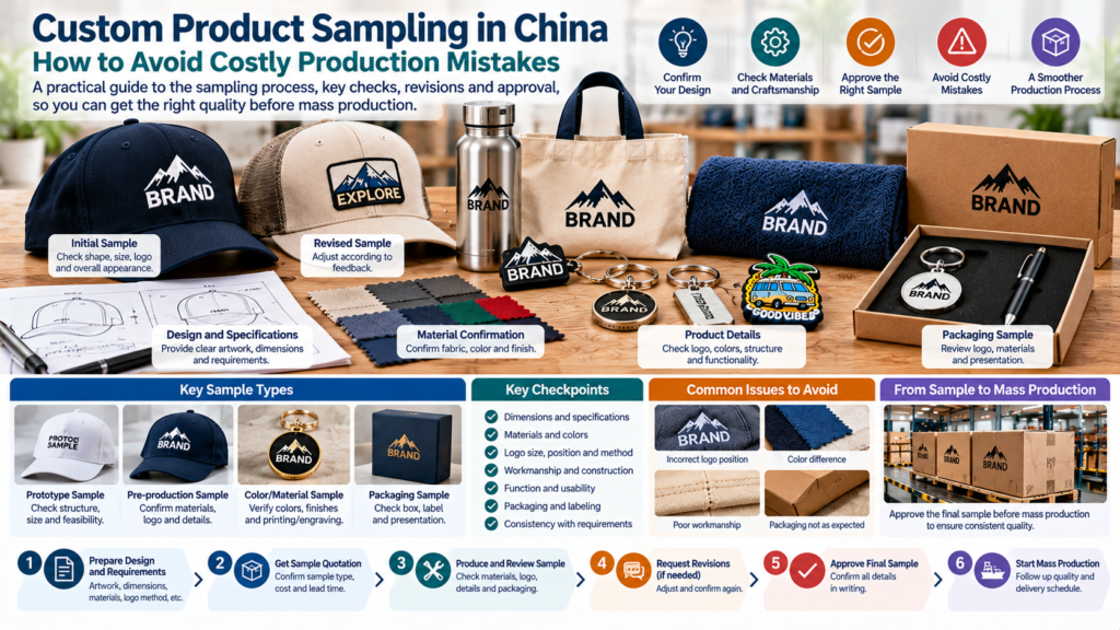 Custom product sampling in China infographic showing design preparation, material and logo checks, sample revisions, packaging review and final production approval