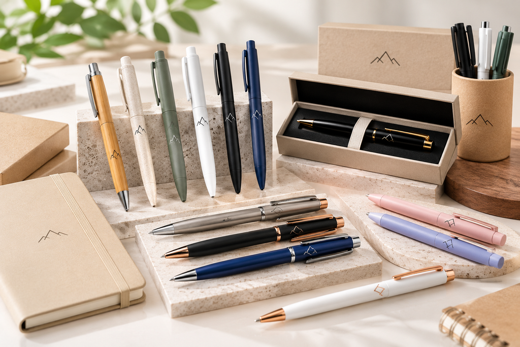 Custom promotional pens in metal, plastic and bamboo styles with branded gift box packaging