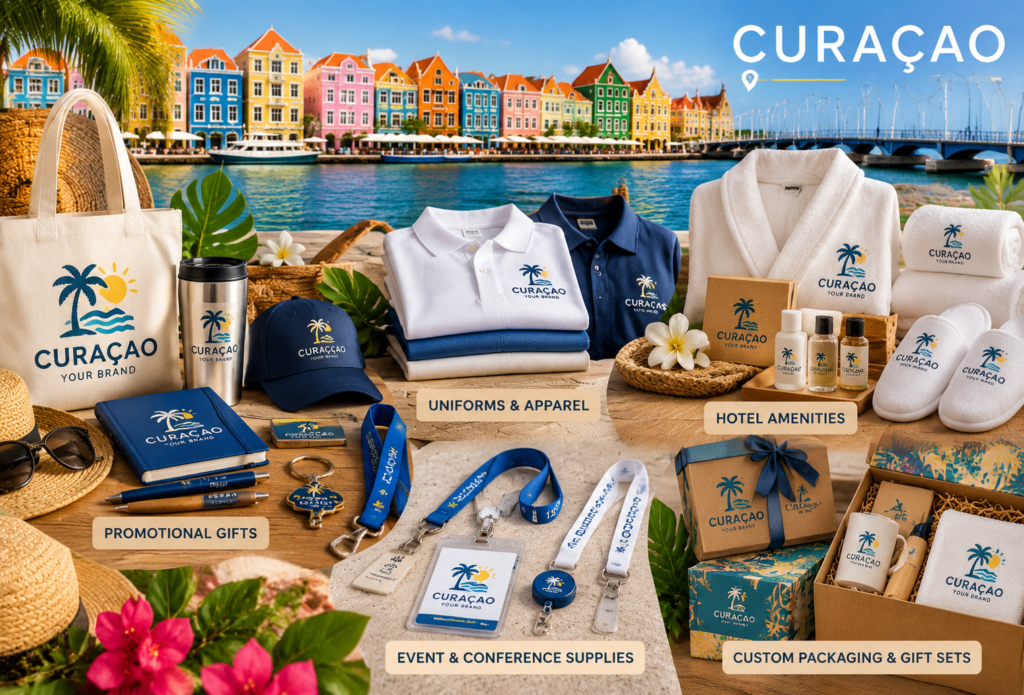 Custom promotional products for Curaçao businesses including branded bags, uniforms, hotel amenities, lanyards and corporate gift sets