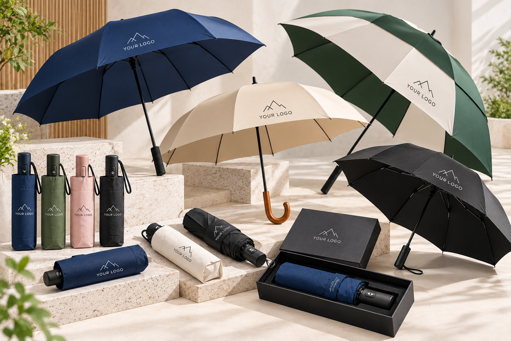 Custom promotional umbrellas including folding, straight and golf umbrellas in different colors with printed logos and gift packaging