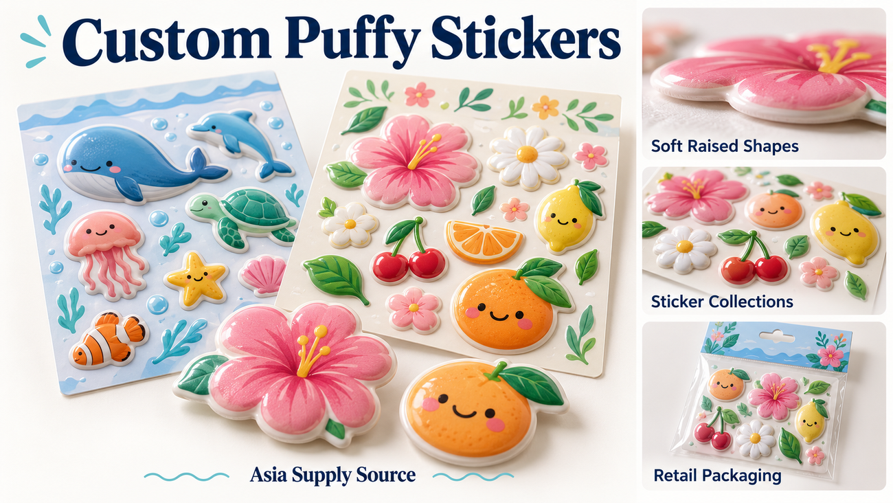 Custom puffy sticker concepts with soft raised ocean and floral shapes, a side-profile detail, coordinated backing sheets and retail sleeve packaging.