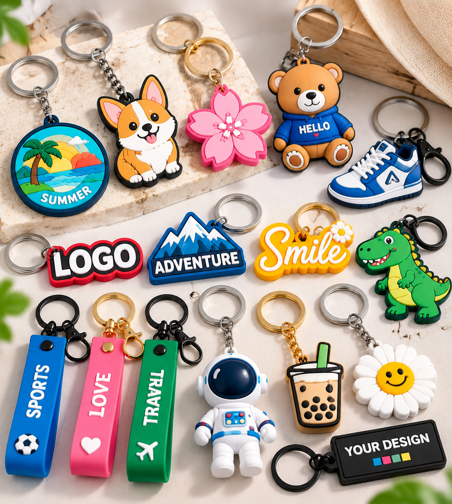 Custom soft PVC rubber keychains in colorful 2D and 3D shapes with personalized designs and metal keyrings