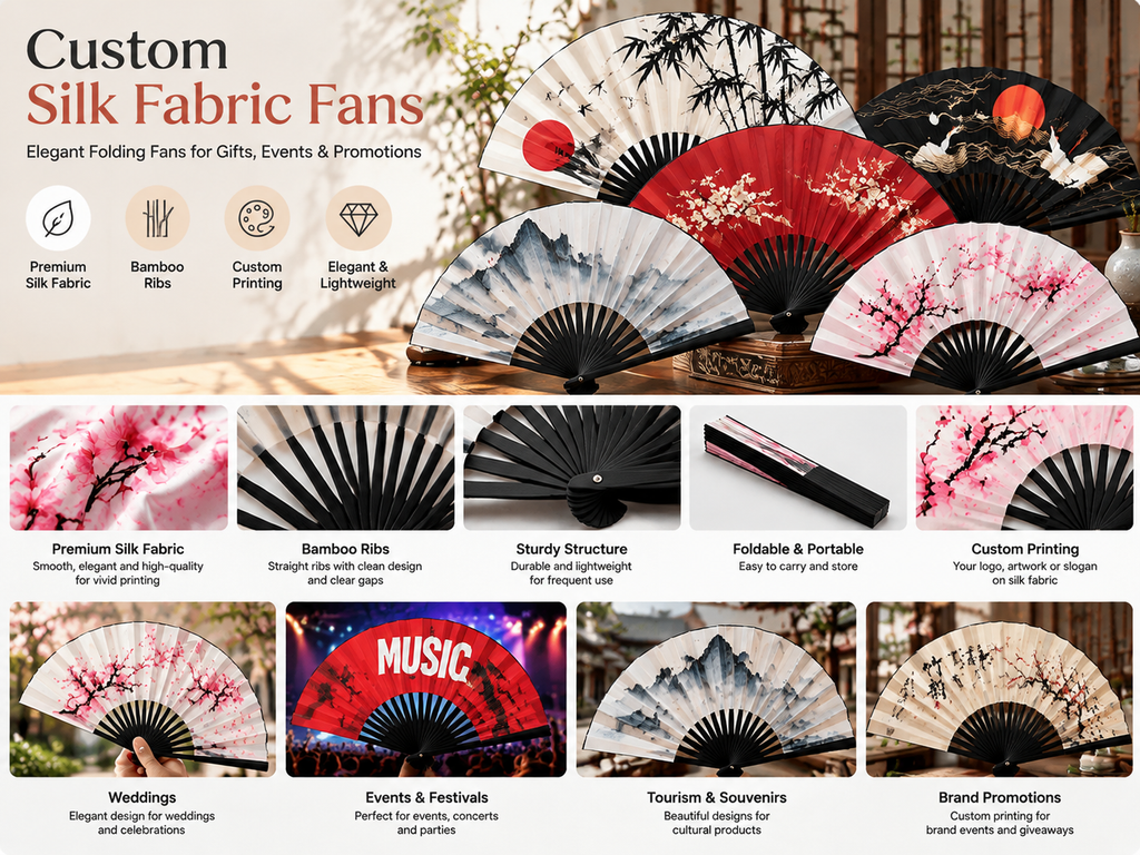 Custom silk fabric folding fans with bamboo ribs and printed designs
