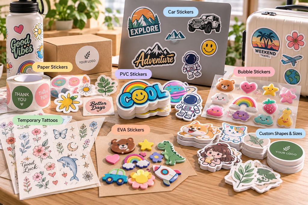 Custom stickers and temporary tattoos including paper labels, PVC decals, car stickers, puffy stickers and EVA foam stickers