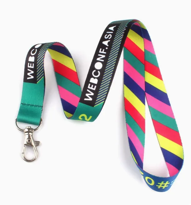 Colorful printed polyester lanyard with plastic breakaway safety buckle and metal hook