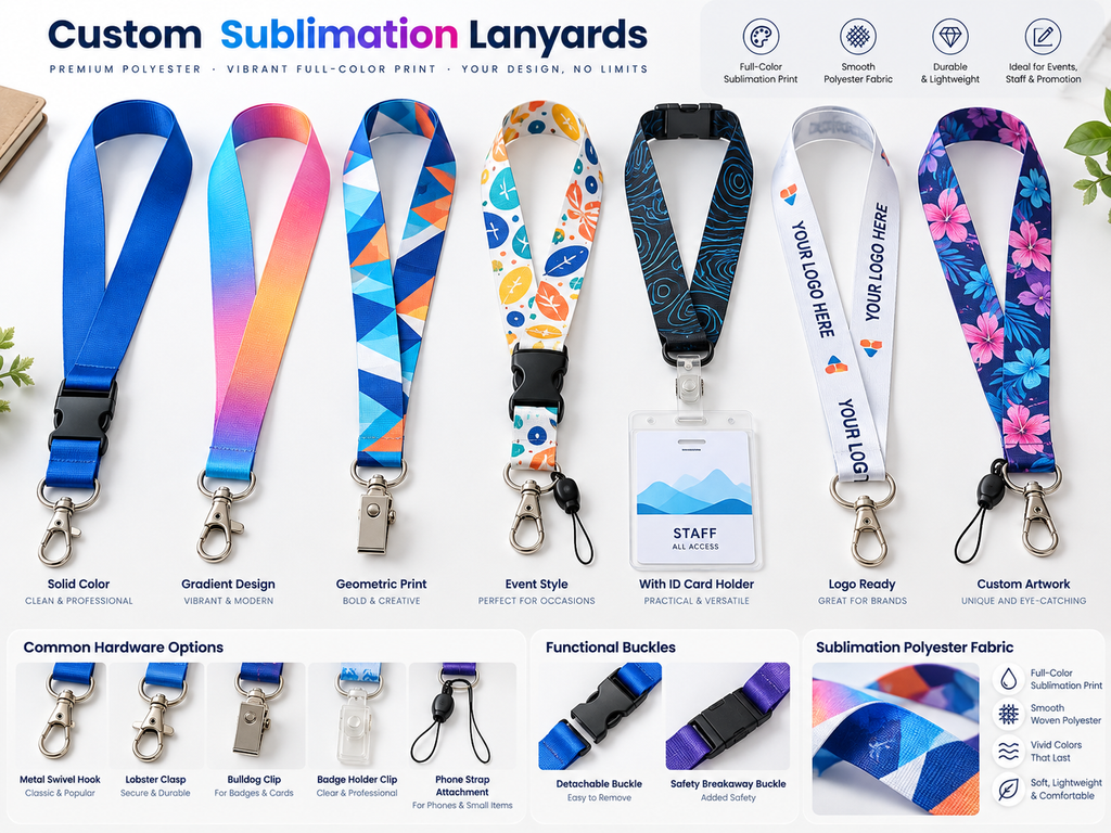 Custom sublimation polyester lanyards with full-color prints, metal hooks, ID card holders and detachable buckles