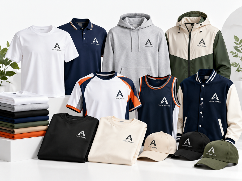 Custom apparel products including T-shirts, polo shirts, hoodies, jackets, sportswear and branded clothing