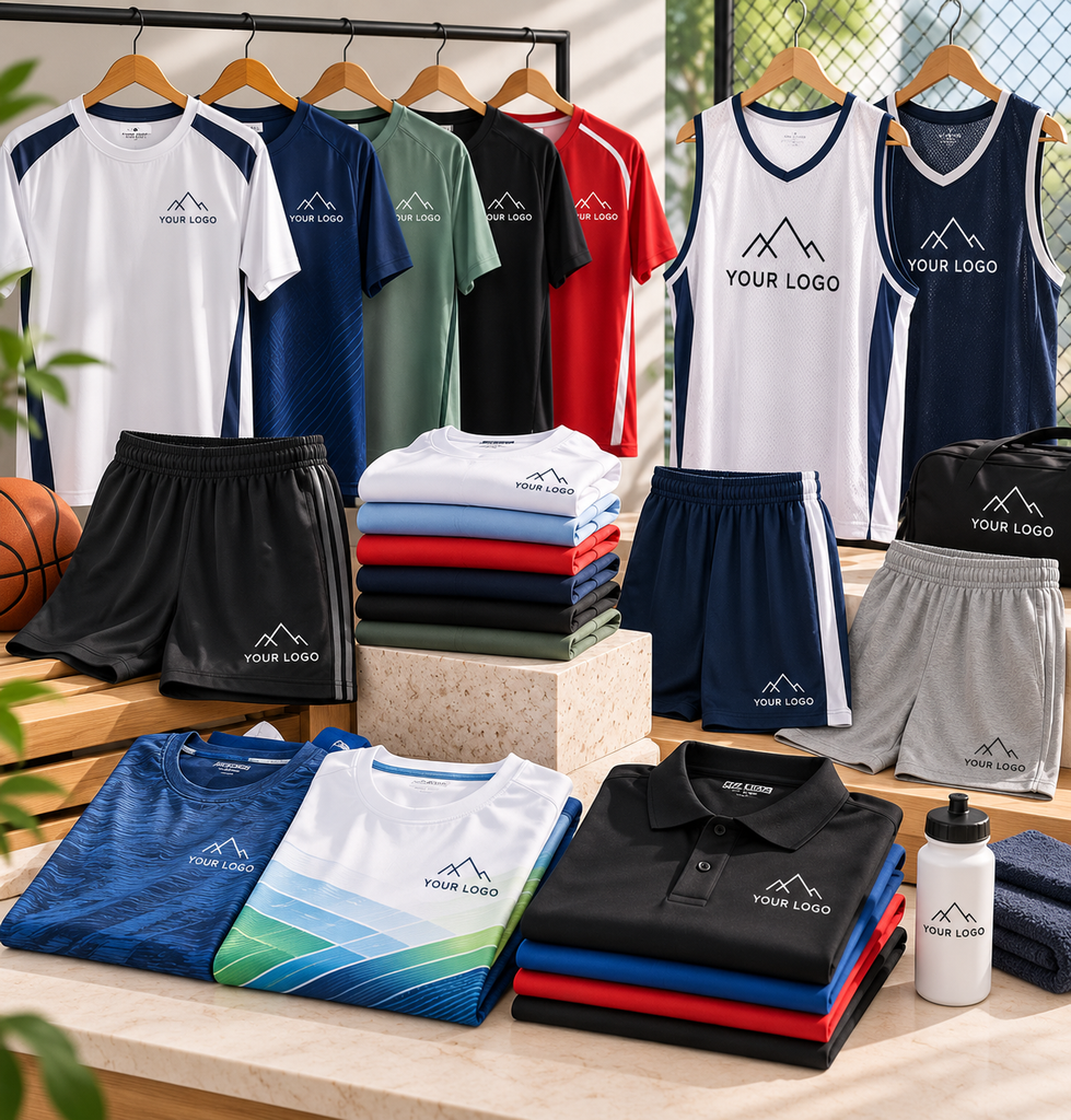 Custom team sportswear including quick-dry shirts, training jerseys, basketball tops, sports shorts and branded team apparel