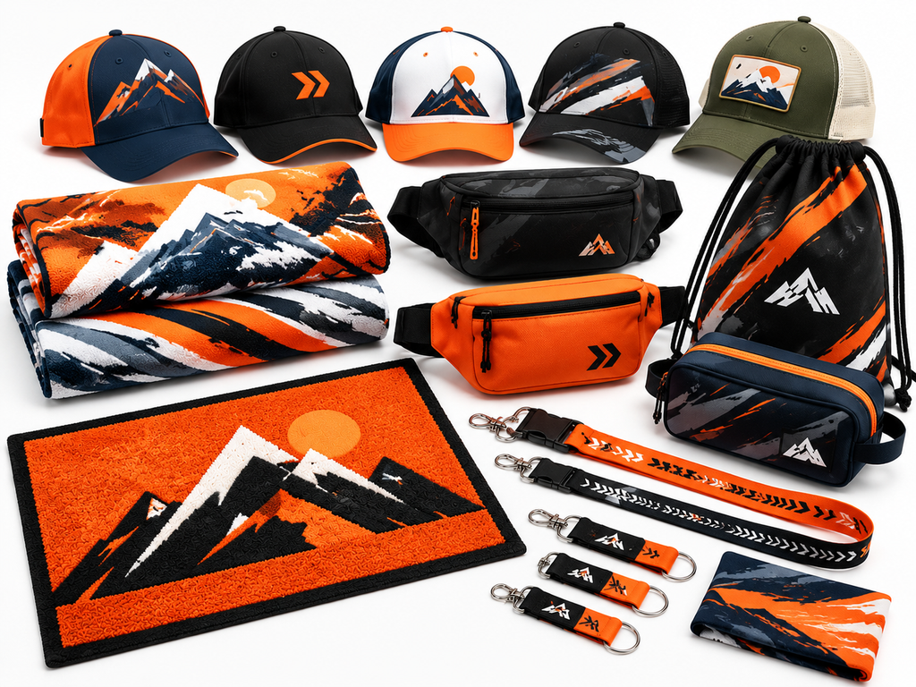 Custom textile products including caps, towels, apparel and branded textile items