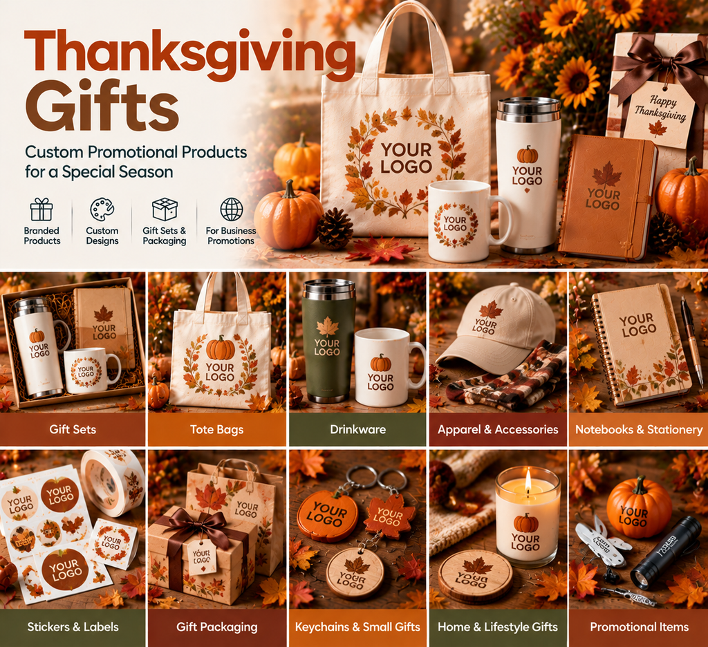 Custom Thanksgiving gifts including autumn-themed tote bags, drinkware, gift sets, apparel, notebooks, stickers and packaging
